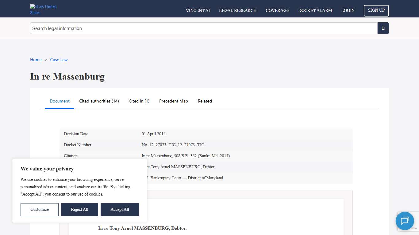 In re Massenburg (In re Massenburg, 508 B.R. 362 (Bankr. Md. 2014)) - vLex United States